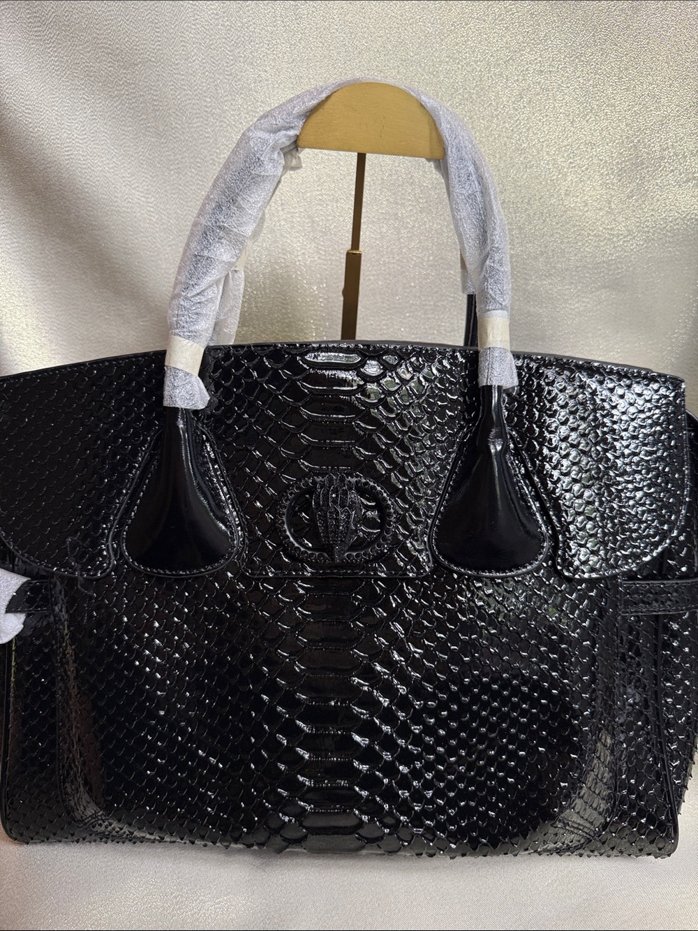 Kurt Geiger Black Glossy Faux-Python Large Tote